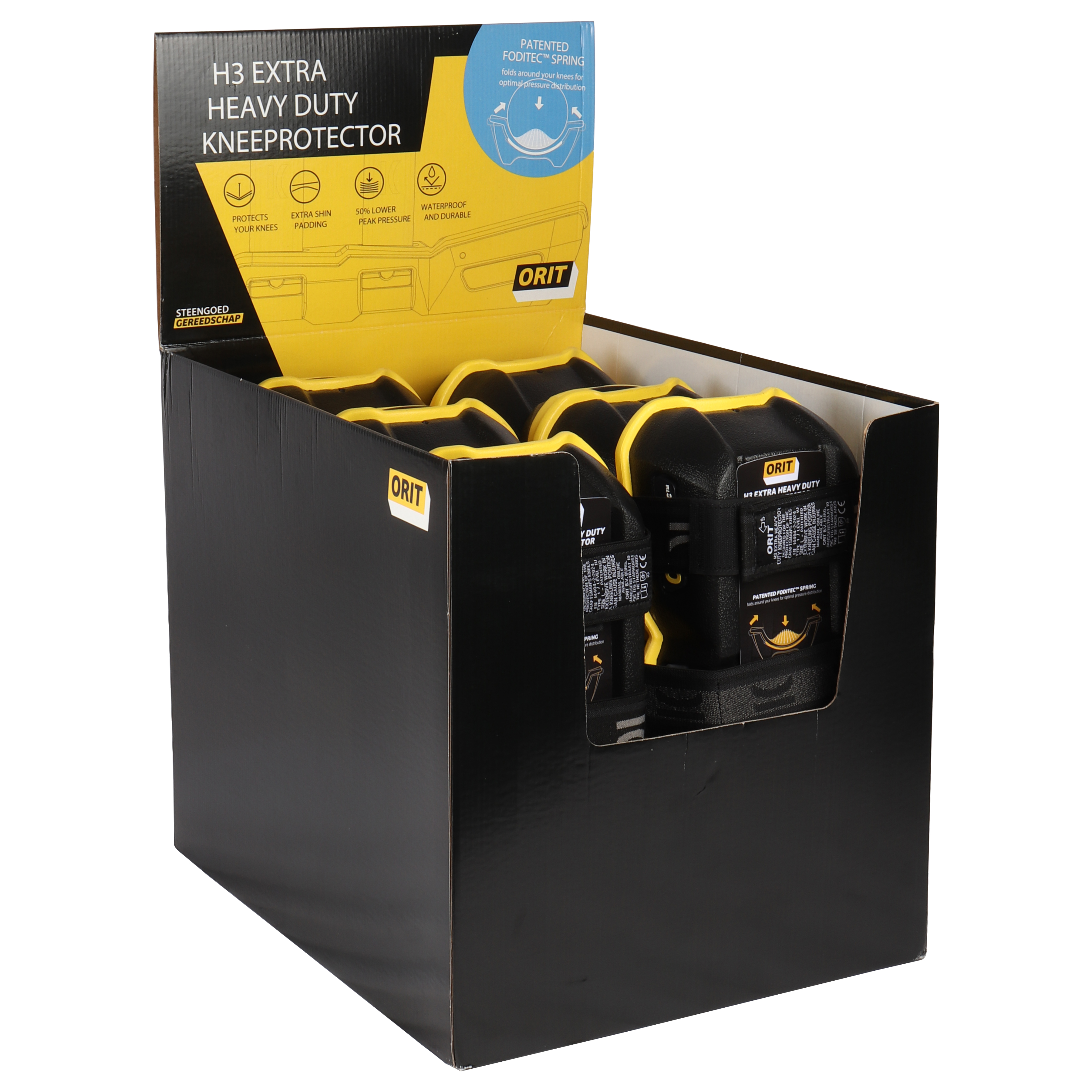 Display voor kniebeschermers gevuld